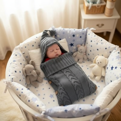 Nid d'ange gris - Bébé dans berceau