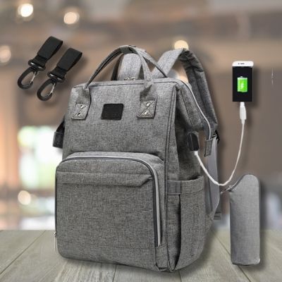 Sac-à-dos-à-langer-gris-clair-chargeur-téléphone-attaches-poussette-étui-biberon-gris