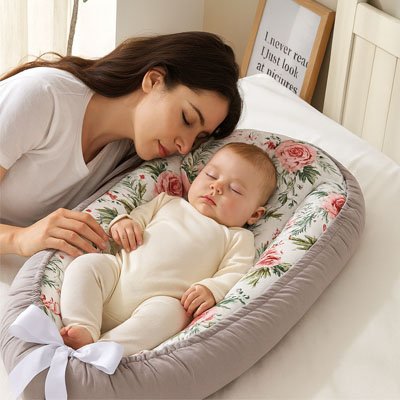 Réducteur de lit gris motif floral bébé dort paisiblement à côté de maman