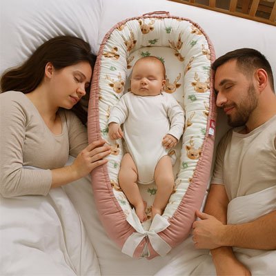 Reducteur de lit rose cerf de noel bébé endormi paisiblement à côté de papa et maman