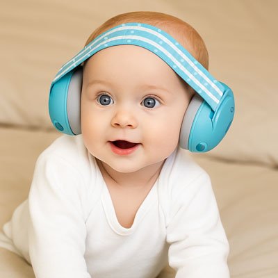 Casque-anti-bruit-bebe-turquoise-béébé-curieux
