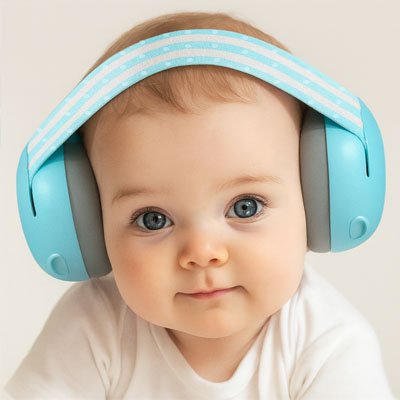 Casque-anti-bruit-bebe-turquoise-visage-bébé-rayure-bleu-blanc