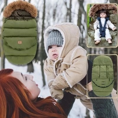 Chancelière-poussette-vert-olive-ceinture-sécurité-manteau-bébé-beige