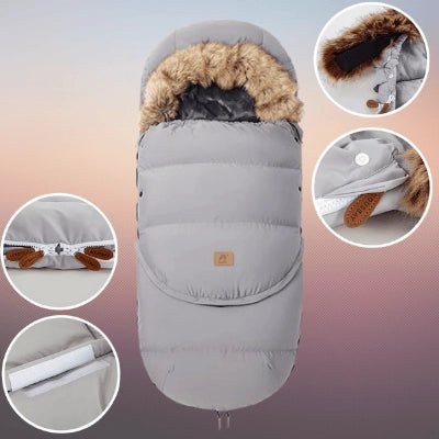 Chancelière-poussette-grise-velcro-fermeture-glissière-fourrure