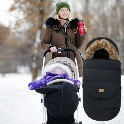 Chancelière-poussette-noire-parc-manteau-brun