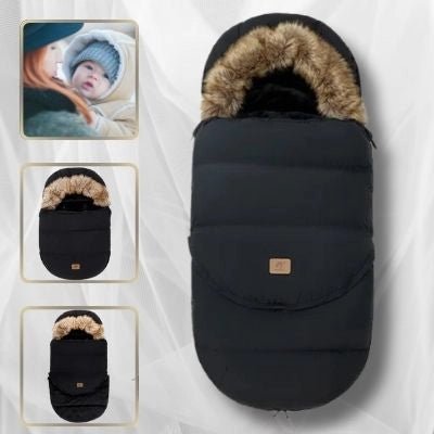 Chancelière-poussette-noire-fourrure-bébé-bonnet-bleu