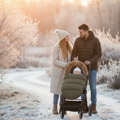 chancelière vert olive Famille en promenade hivernale