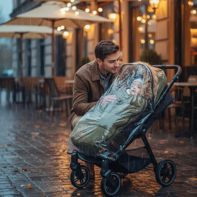Chancelière vert olive Papa et bébé au café