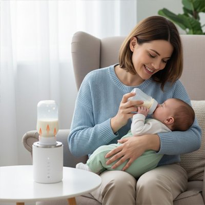 chauffe biberon electrique portable sur une table maman assise sur un divan nourrit son bébé avec un biberon