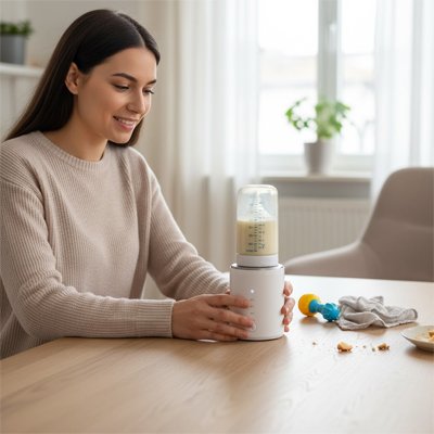 chauffe biberon électrique portable sur une table femme souriante le regarde 