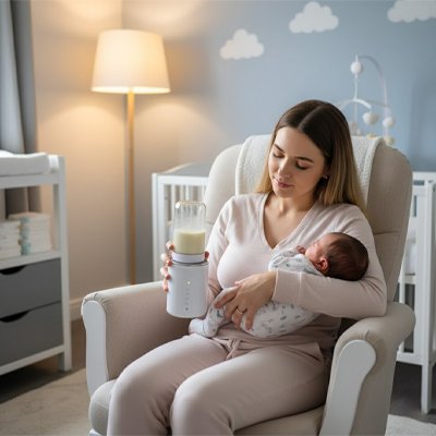 chauffe biberon électrique portable maman assise sur une chaise avec bébé dans ses bras