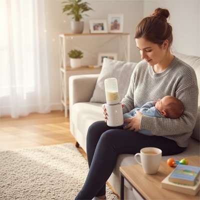 chauffe biberon électrique portable dans la main d'une maman qui tient bébé dans son bras assise sur canapé de salon beige  tasse de café sur une table à côté deux livres