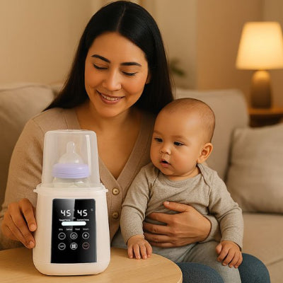 chauffe biberon manipulé par la maman avec bébé sur les genoux dans le salon