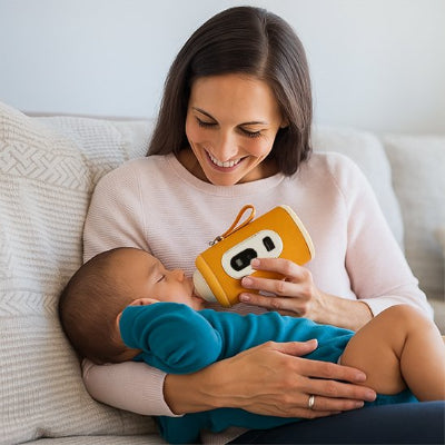 chauffe biberon nomade orange bébé endormi prend son biberon dans le bras d'une maman souriante