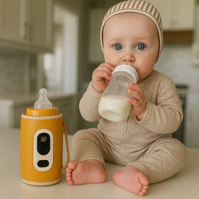 chauffe biberon nomade orange à coté d'un bébé à yeux bleus assis sur table et prend son biberon dans ses mains