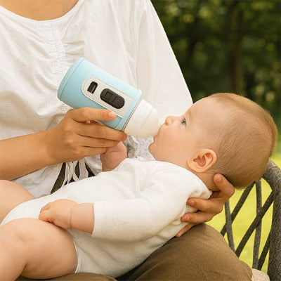chauffe biberon nomade turquoise bébé prend son biberon dans les bras de maman 