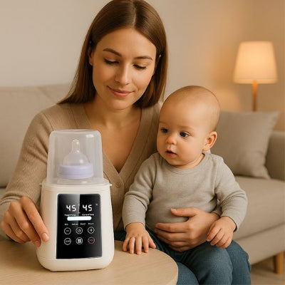 chauffe biberon chauffage rapide maman assise dans le salon avec bébé assis sur les genoux