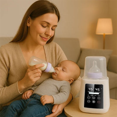 chauffe biberon sur la table  bébé endormi dans les bras de maman assise dans le salon 