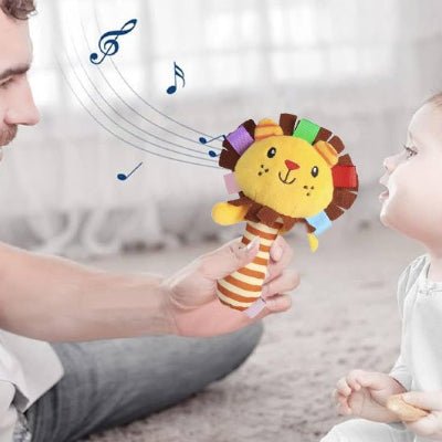Hochet bébé musical lion jaune bébé manche rayé brun et jaune