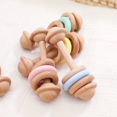 Hochet bebe en bois silicone vert pêche jaune bleu