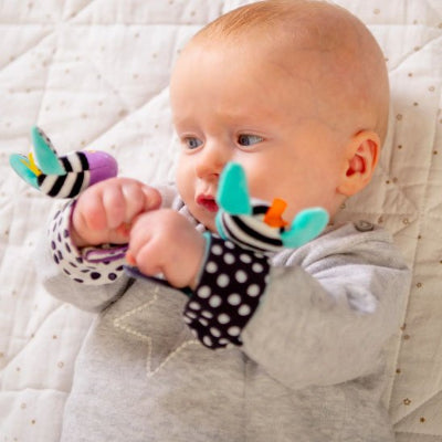 hochet bébé motif animal dans les mains de bébé émerveillé