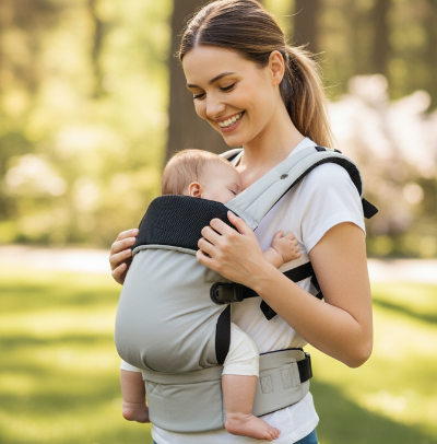 Maman avec porte-bébé grid en extérieur