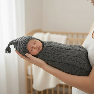Nid d'ange gris en tricot enveloppe nouveau né dans les bras de maman