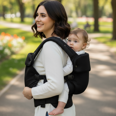 Portage dorsal avec porte-bébé noir dans un parc
