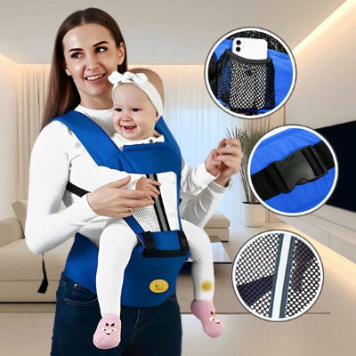 porte_bebe ergonomique bleu securitaire maman et bebe souriant