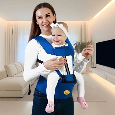 porte bebe ergonomique bleu maman et bébé souriant