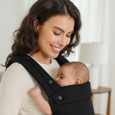 Portrait intime bébé endormi collé à sa maman dans son porte bébé noir
