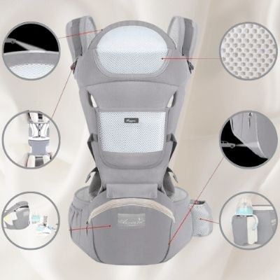 porte-bebe-physiologique-gris-tissu-biberon-espace-rangement