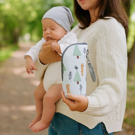 porte_biberon_isotherme_dans main maman avec bébé dans un parc