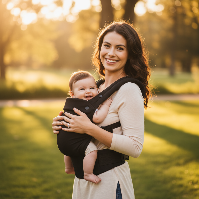 bébé souriant dans porte bébé noir à l'extérieur avec maman