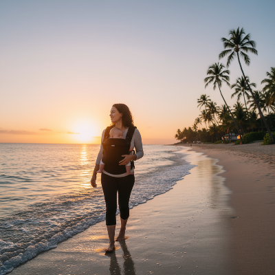 bébé dans son porte bébé noir se promène avec maman  Coucher de soleil à la plage