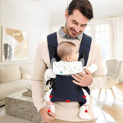 porte bébé noir bébé assis en face de papa en position M