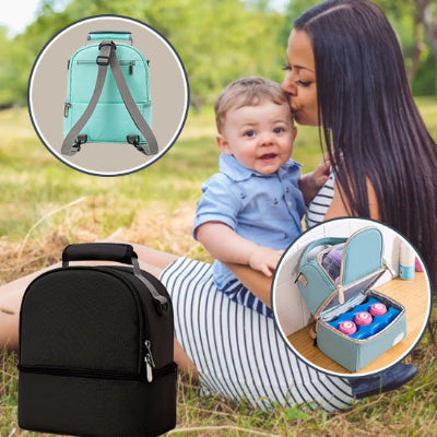 porte biberon isotherme noir bébé sur les genous de sa mère dans un parc