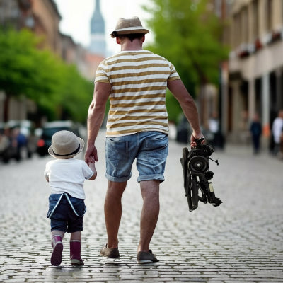 Poussette-pliable-papa-et-bébé-se-promène-dans-la-rue