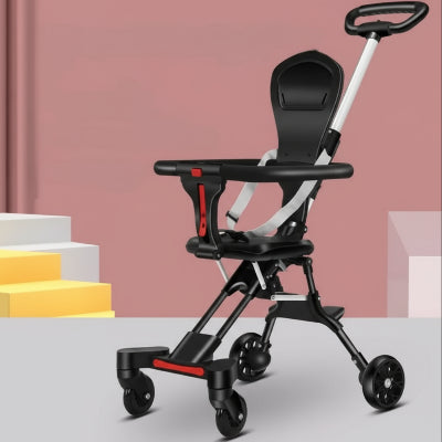 Poussette-pliable-noire-ruban-rouge-poignée-haute 