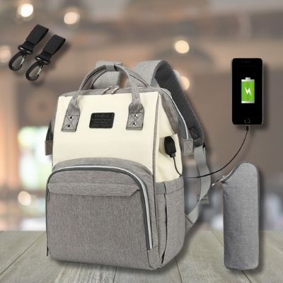 Sac-à-dos-à-langer-beige-gris-chargeur-attaches-étui-gris-biberon
