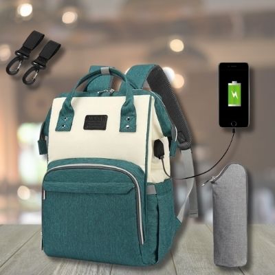 Sac-à-dos-à-langer-beige-vert-chargeur-attaches-étui-grid-biberon