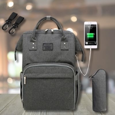 Sac-à-dos-à-langer-gris-foncé-chargeur-attaches-poussette-étui-biberon-gris