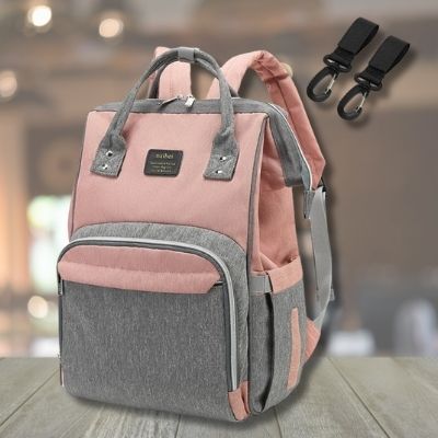 Sac-à-langer-à-dos-gris-rose-attaches-poussette