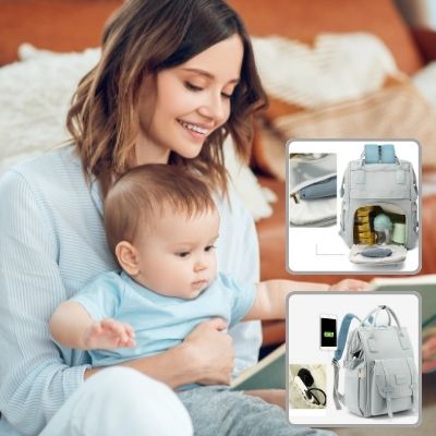 Sac-à-langer-à-dos-bleu-rangement-biberon-sourire-bébé-et-maman