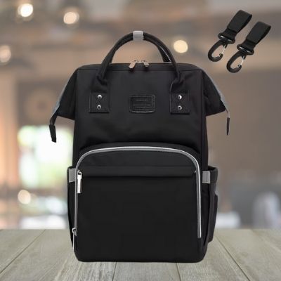 Sac-à-langer-à-dos-noir-fermeture-glissière-pochette-avant-attaches-poussette