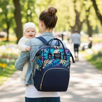 Sac à langer à dos unisexe motif fleuri bébé souriant dans les bras de maman
