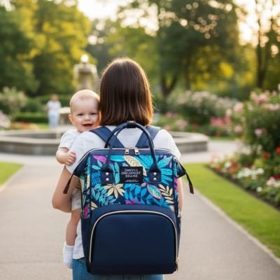 bébé souriant dans un parc en balade avec maman  portant sac à langer unisexe sur le dos