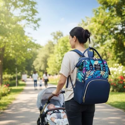 maman porte sac à langer unisexe bleu bébé dans sa poussette 