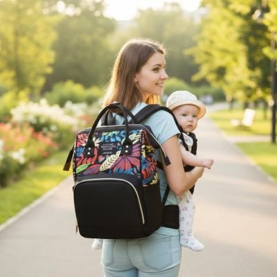maman souriante  se promène avec bébé portant sac à langer unisexe noir 