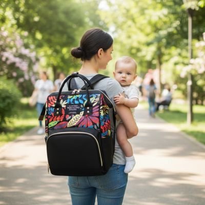 maman et bébé dans parc portant sac à langer unisexe